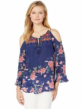 NWT Johnny Was "Oceane" floral-printed blouse featuring cold shoulders. Size XL